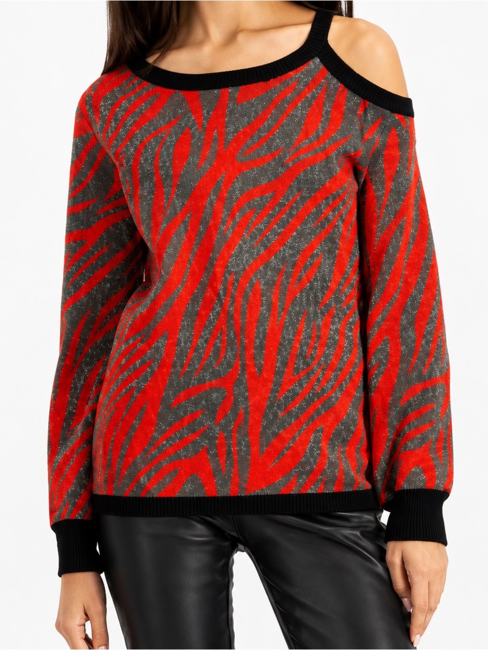 Willow Drive Red Black Zebra Print Cold Shoulder Glitter Sweater Top Size L